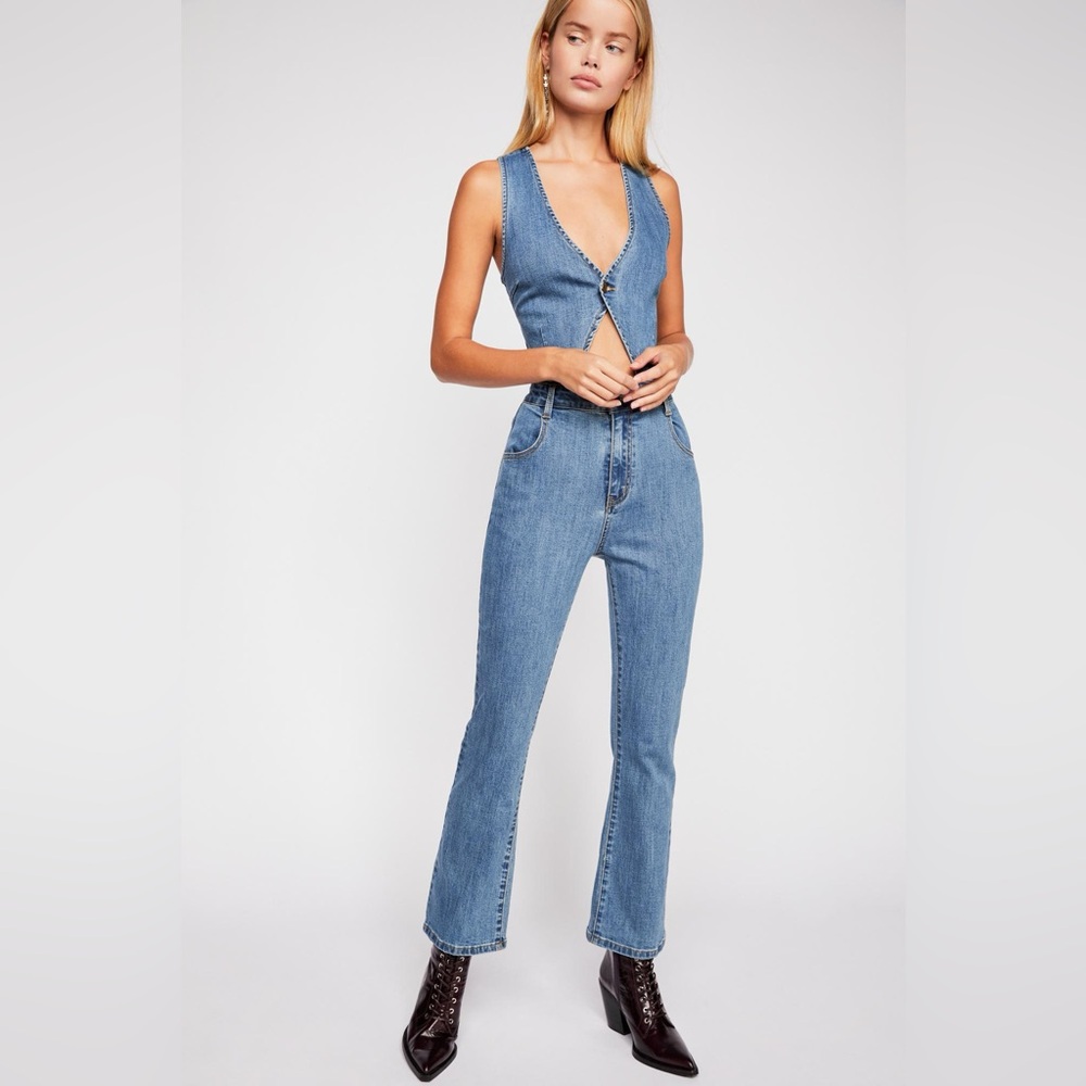 MinkPink Women's Boho Blue Denim Jumpsuit Western Size Small Coastal Cowgirl